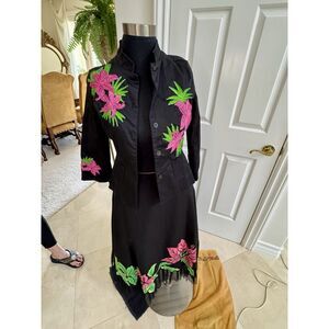 2 Piece Set Haven Blue -Jacket Basil & Maude Blue Embroidery Sequin Beaded Skirt